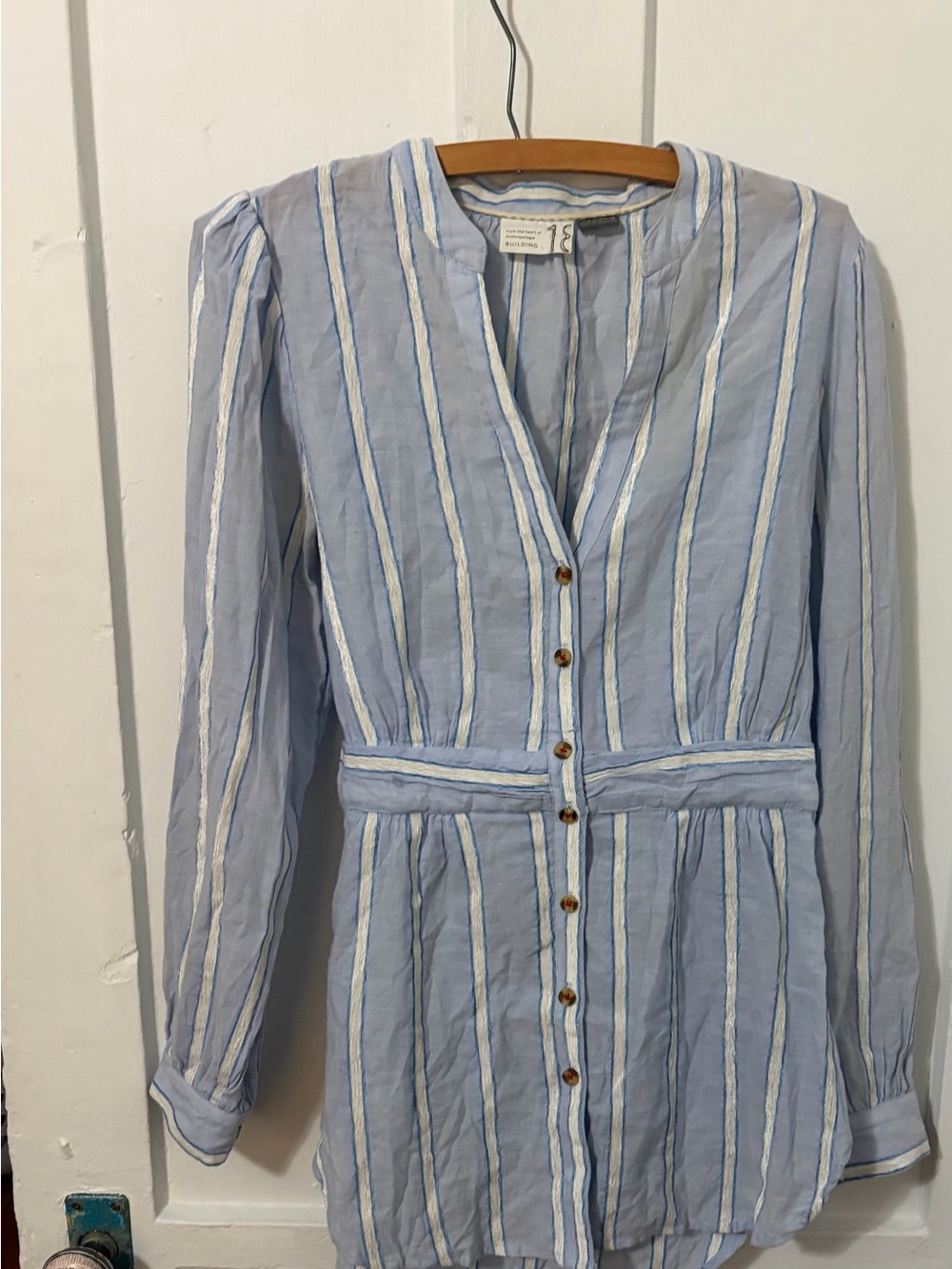 Anthropologie Building 18 South Seas
Blue Stripe Belted Button Top